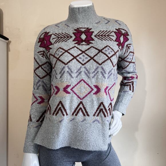 Lou & Grey Mock Neck Fair Isle Tunic Sweater Comfy Cozy Gray Size S - Picture 1 of 7